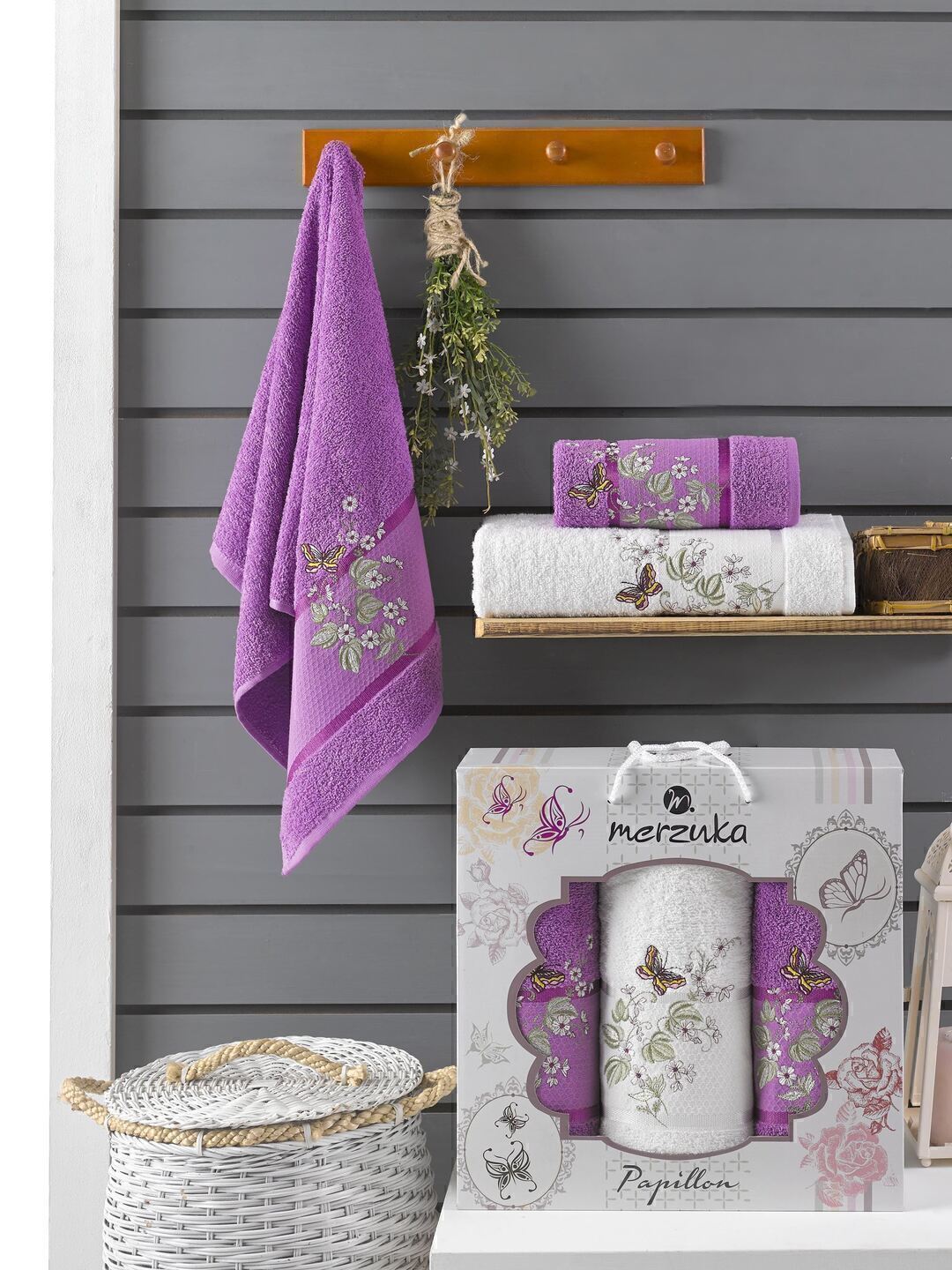 Набор полотенец махровых Papillon Merzuka <3 предмета 50*90-2шт+70*140, фиолетовый> (арт.10169,10170)