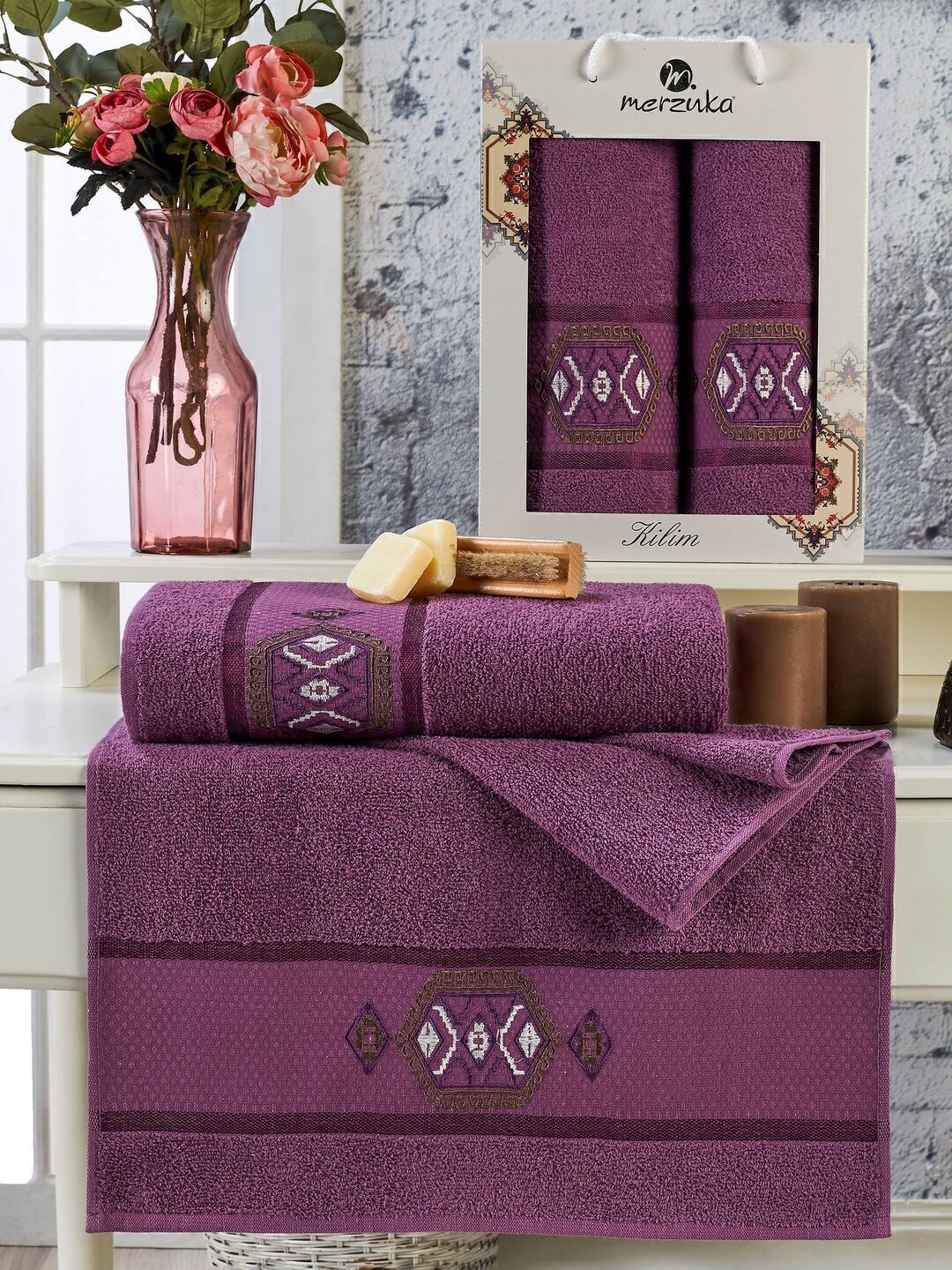 Набор полотенец махровых Kilim Merzuka <2 предмета 50*90+70*140, баклажан> (арт.11715,11716)