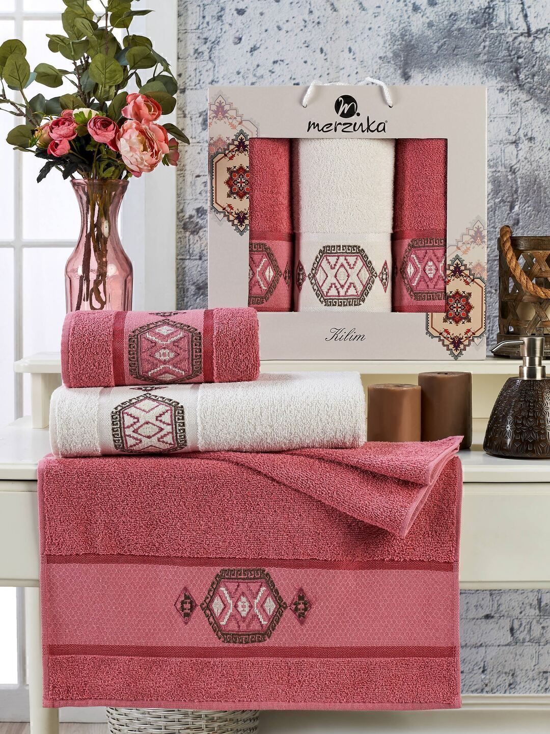 Набор полотенец махровых Kilim Merzuka <3 предмета 50*80-2шт+70*130, темно-розовый> (арт.11715,11716)